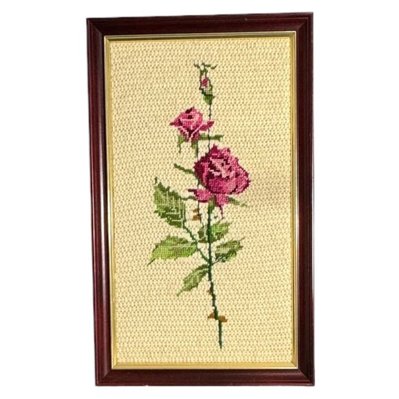Red Pink Roses Bud Framed Cross Stitch Wall Decor Shabby Chic Floral Cot… - Picture 5 of 16
